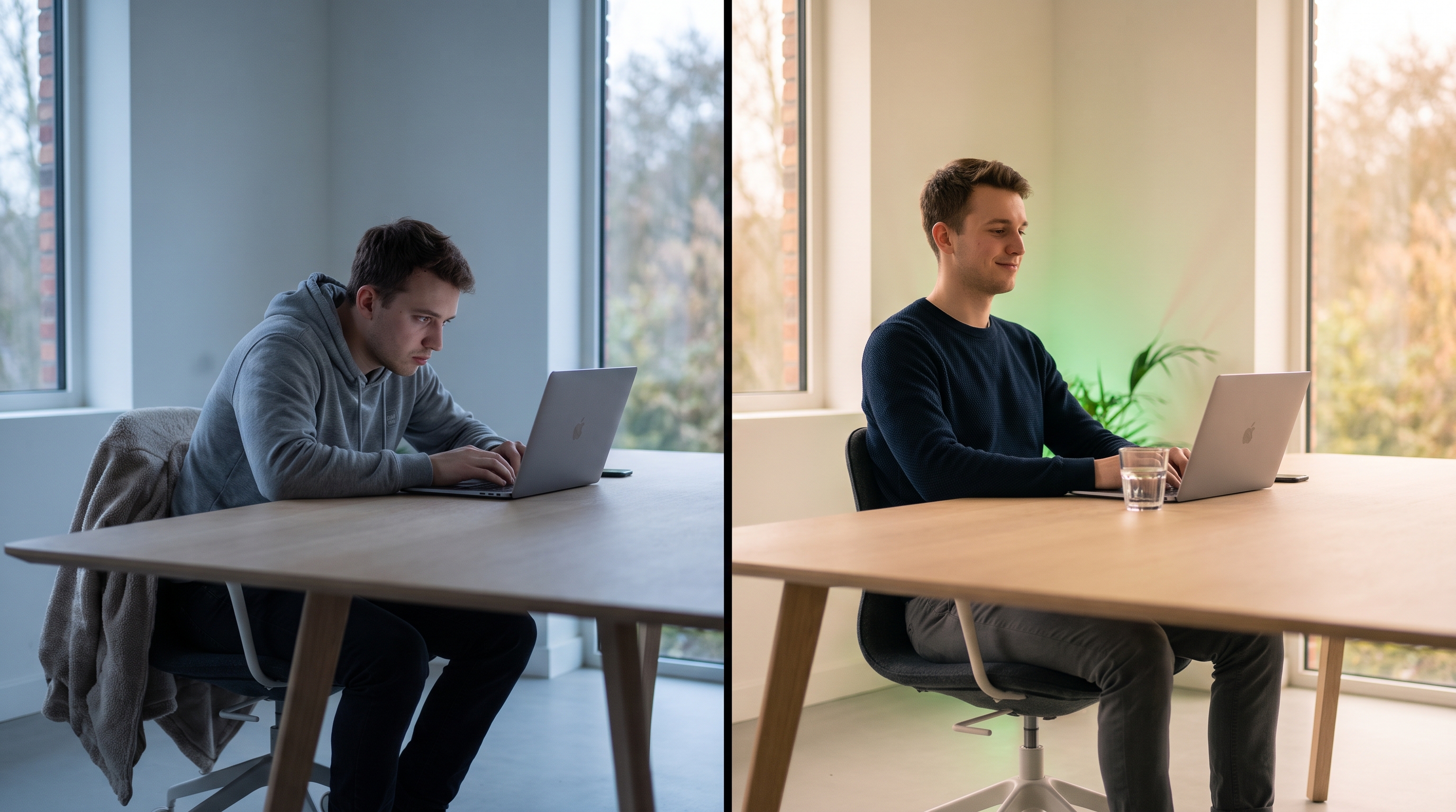 The same person hunched and tired on the left, sitting tall and energised on the right