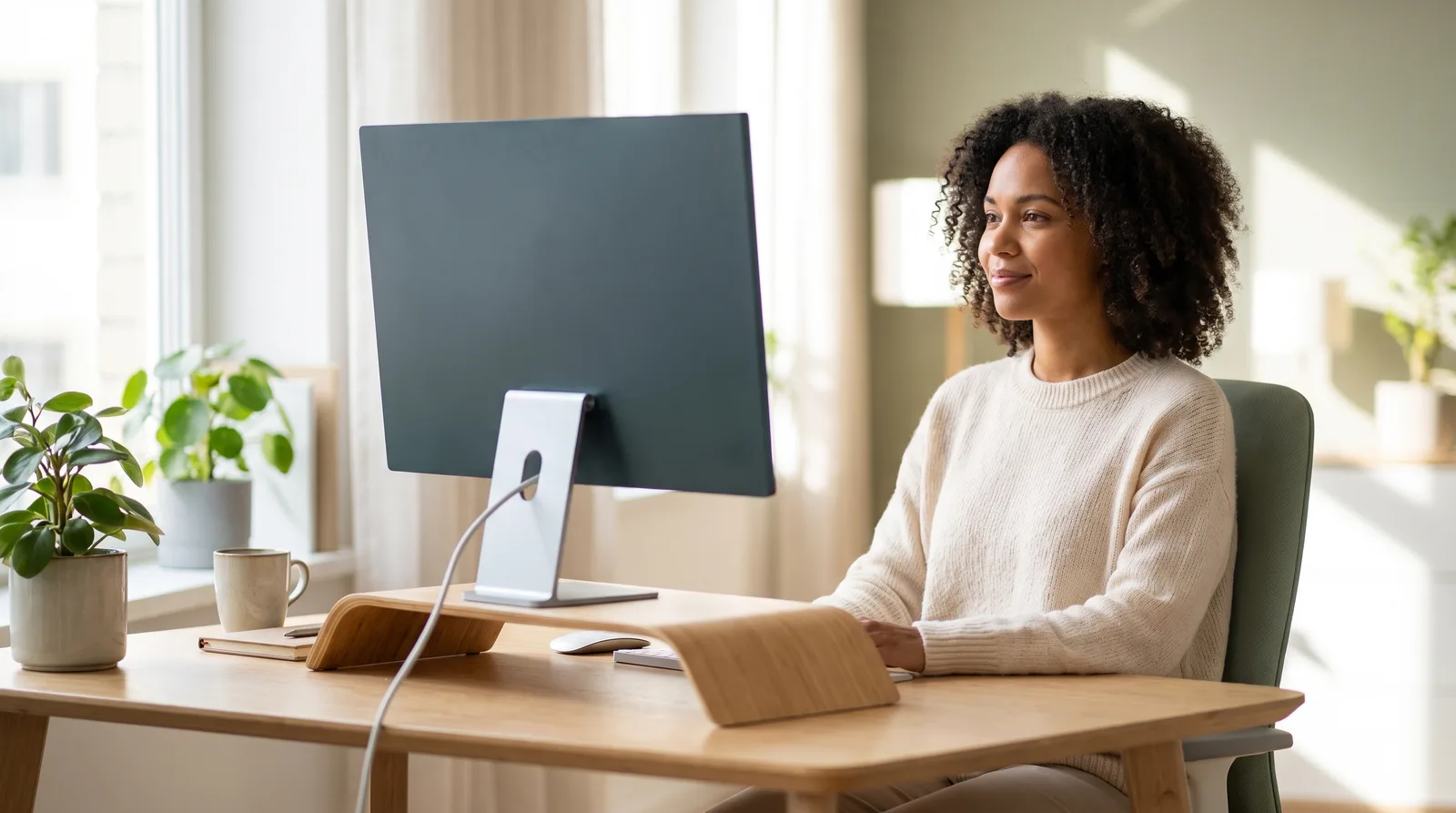 A person sitting upright with relaxed, healthy posture at an ergonomic desk, the monitor raised to eye level