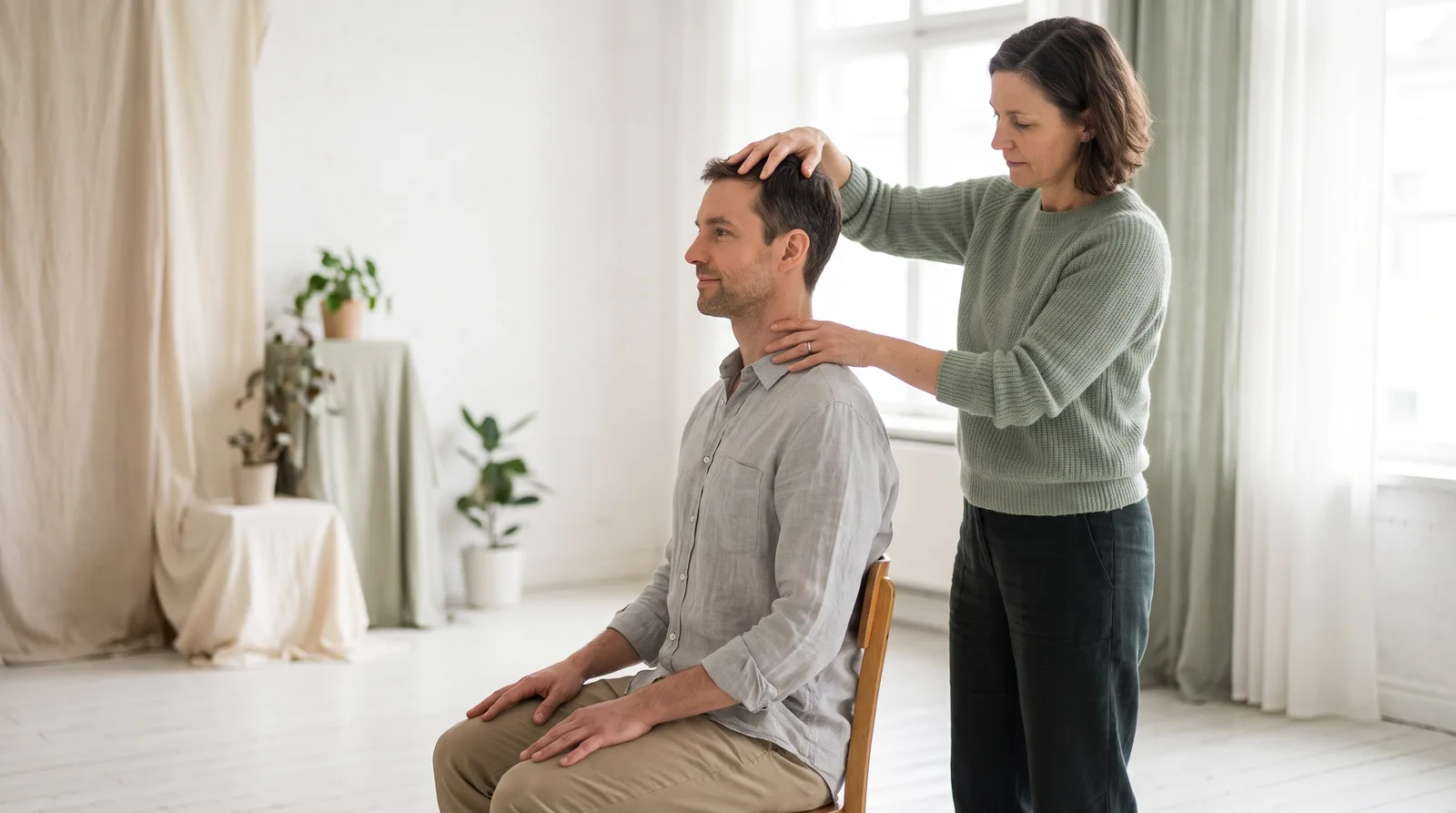 An Alexander Technique teacher gently guiding a seated student's head and neck upward into a tall, lengthened posture in a bright, airy studio