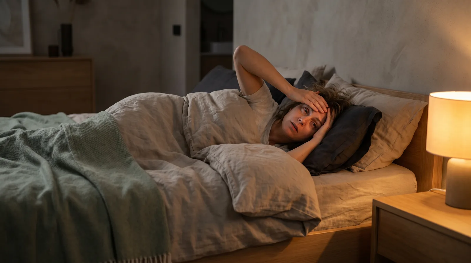 A person lying awake in bed at night, unable to sleep
