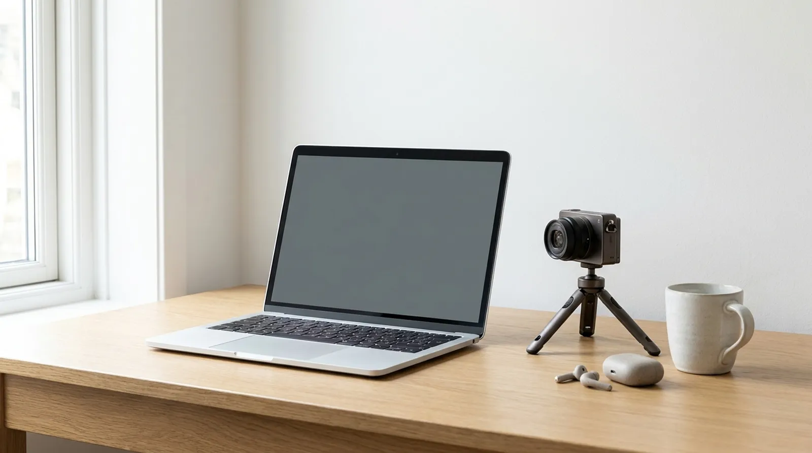 A minimal desk with a slim aluminium laptop, a small camera on a tripod pointing across the desk, earbuds and a mug