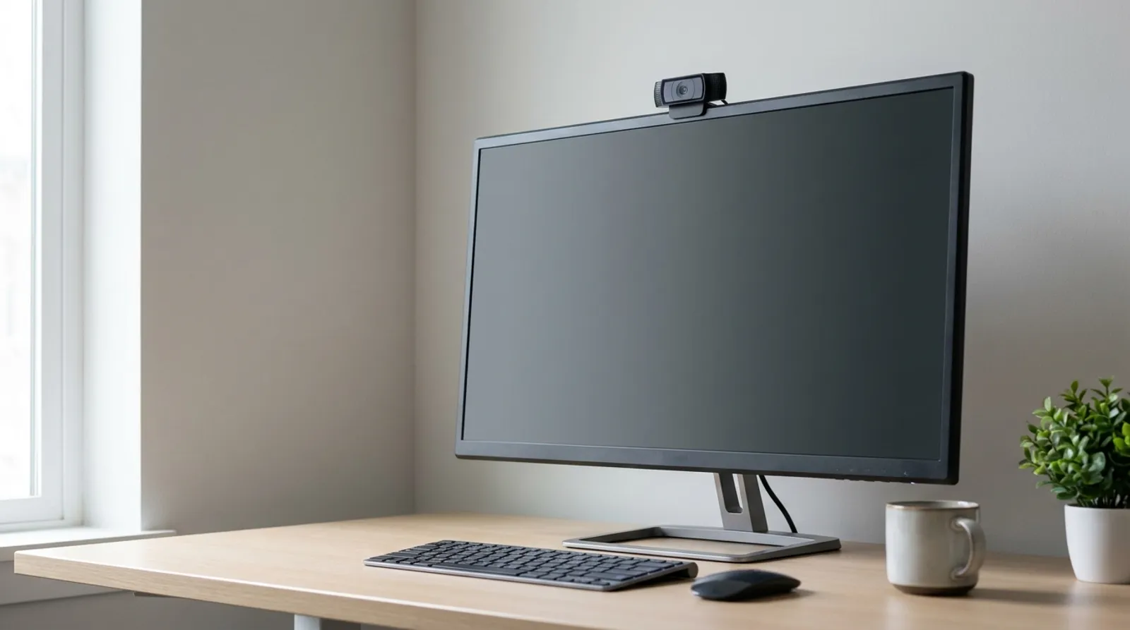 A tidy desk with a widescreen monitor, a small clip-on webcam on top of it, a keyboard and a mug