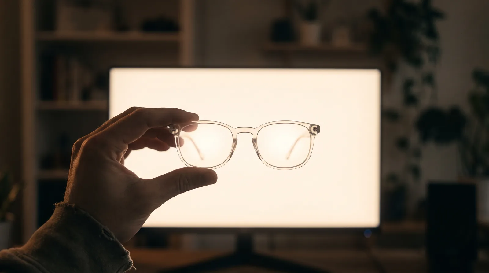A pair of glasses held up in front of a glowing computer screen
