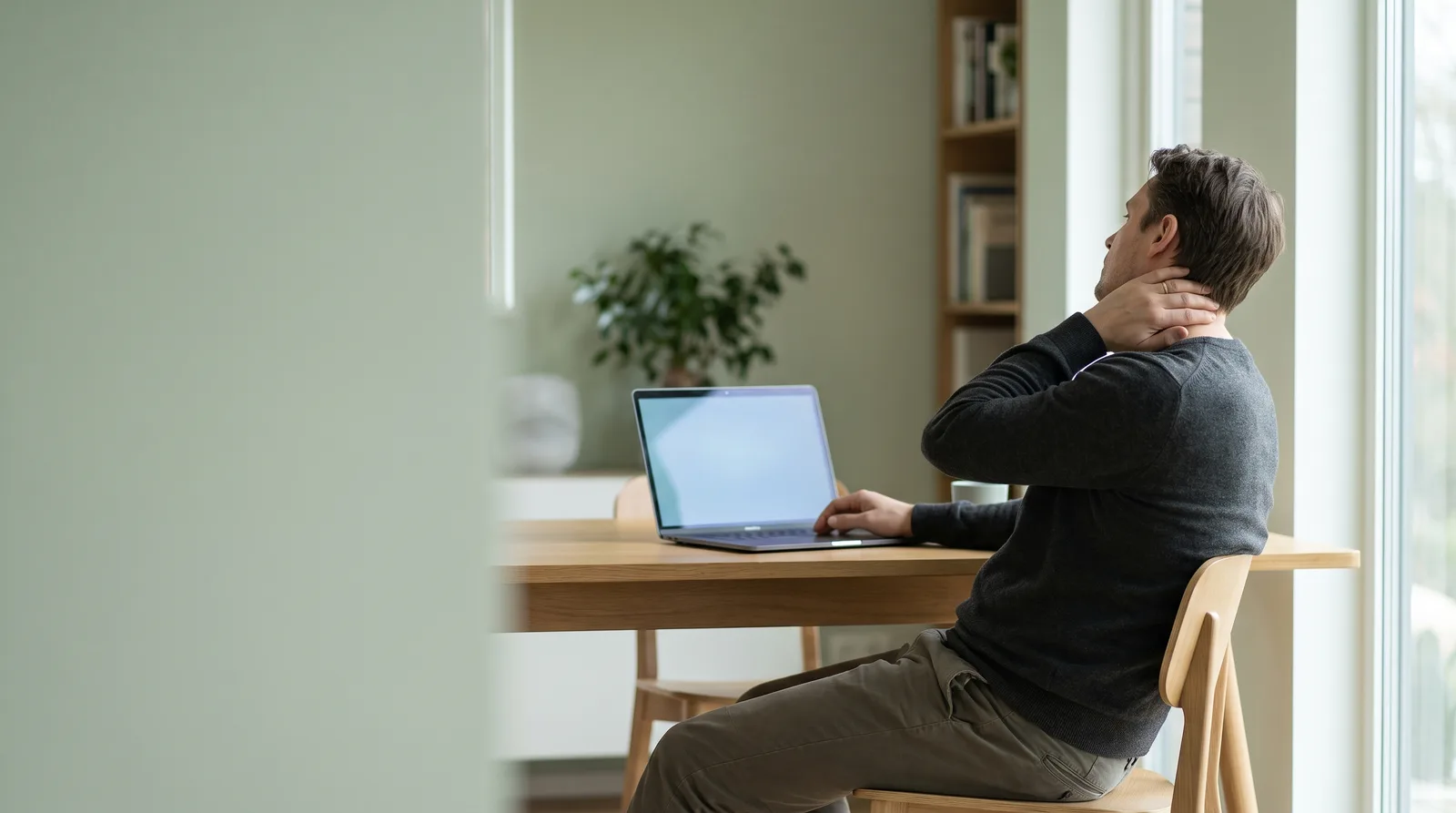 A person at a desk staring blankly past their laptop, one hand resting on an aching neck