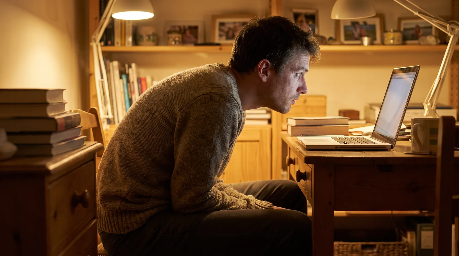 An office worker at a laptop late in the day, head drifting forward over the keyboard, shoulders rounded, warm indoor light, no text