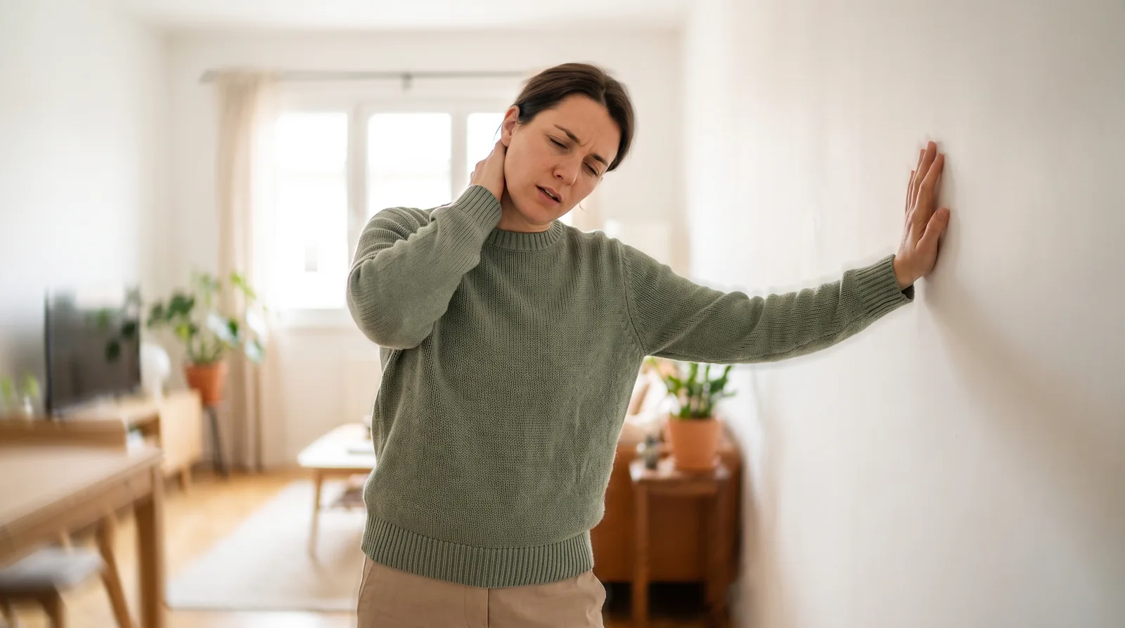 A person steadying themselves against a wall with one hand, the other hand on the back of a stiff neck, looking unsteady