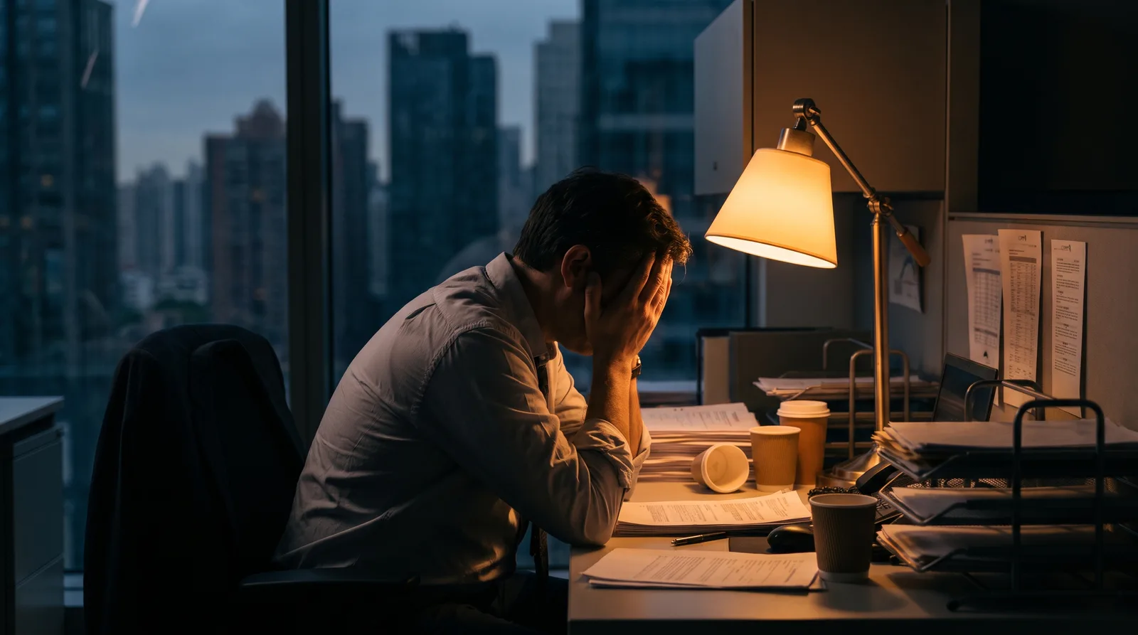A tired person at a desk in the evening, energy visibly drained, slowly collapsing into a slouch under low warm light, no text