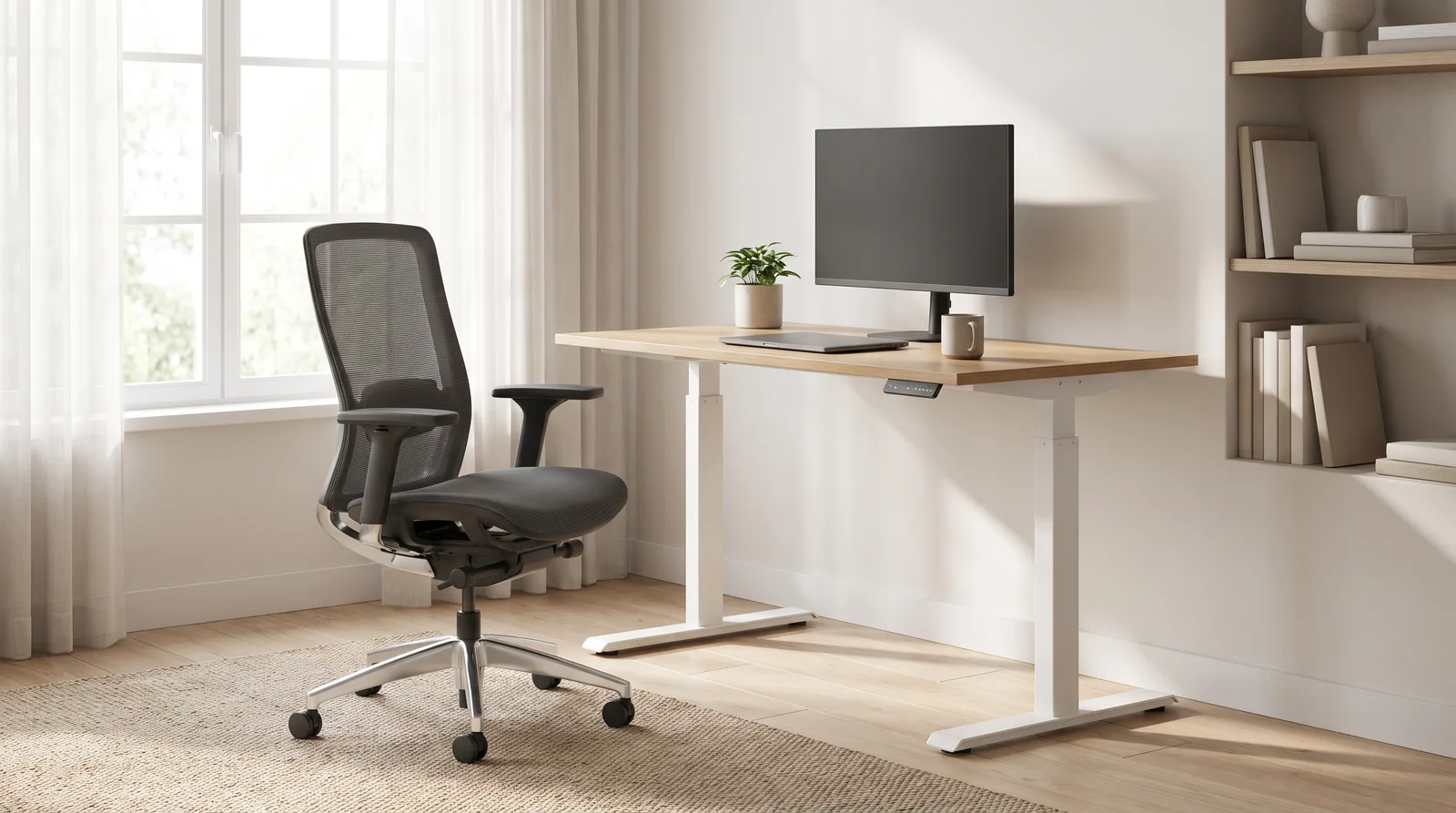 An empty ergonomic office chair beside a height-adjustable standing desk