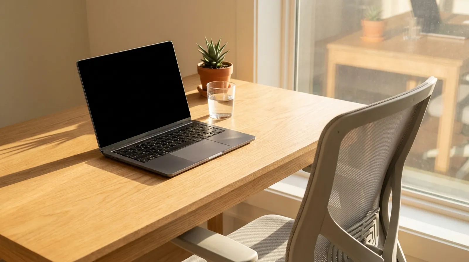 A sunlit desk with an open laptop, a glass of water and an empty office chair