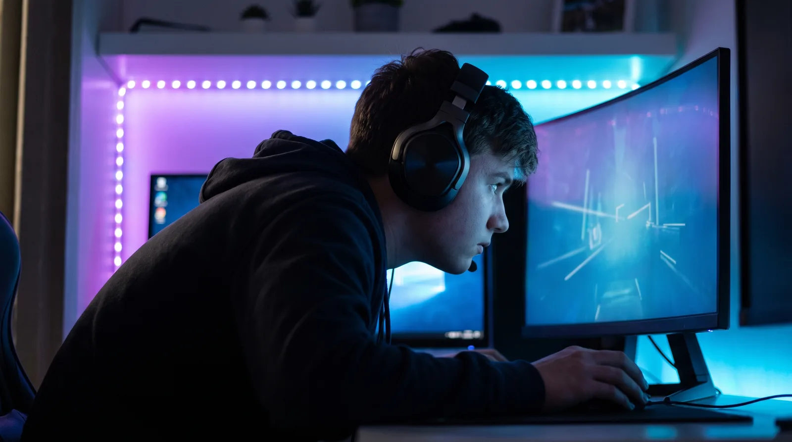 A gamer at a gaming setup wearing a headset, leaning forward toward a glowing monitor in a dim room, head jutting ahead of the shoulders, no text