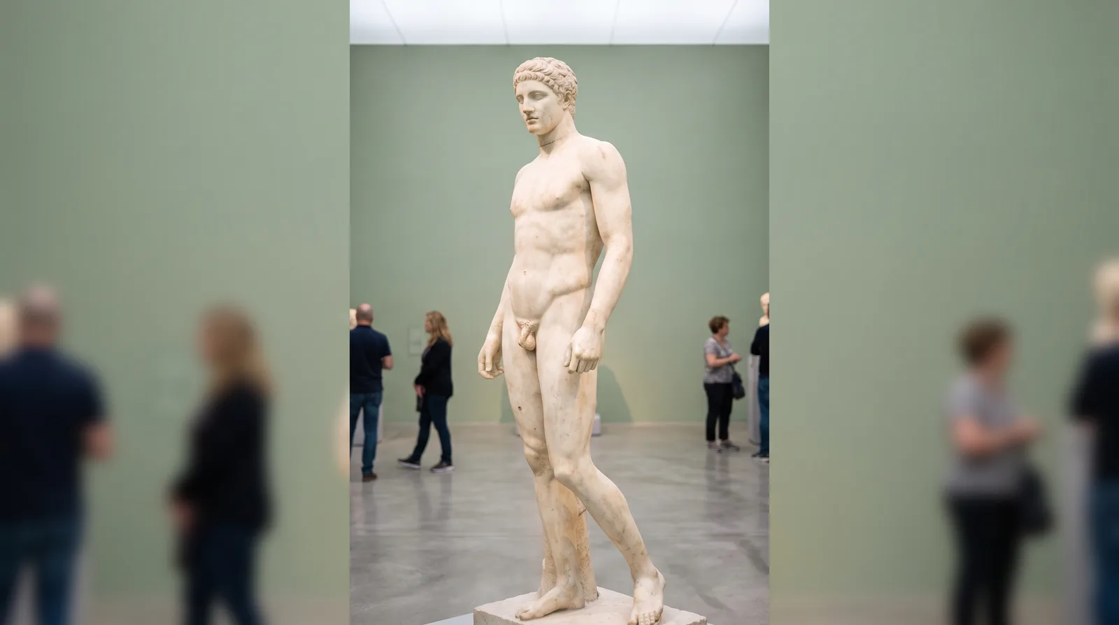 A classical Greek marble statue of an athlete standing tall and upright in a bright museum, spine long and balanced