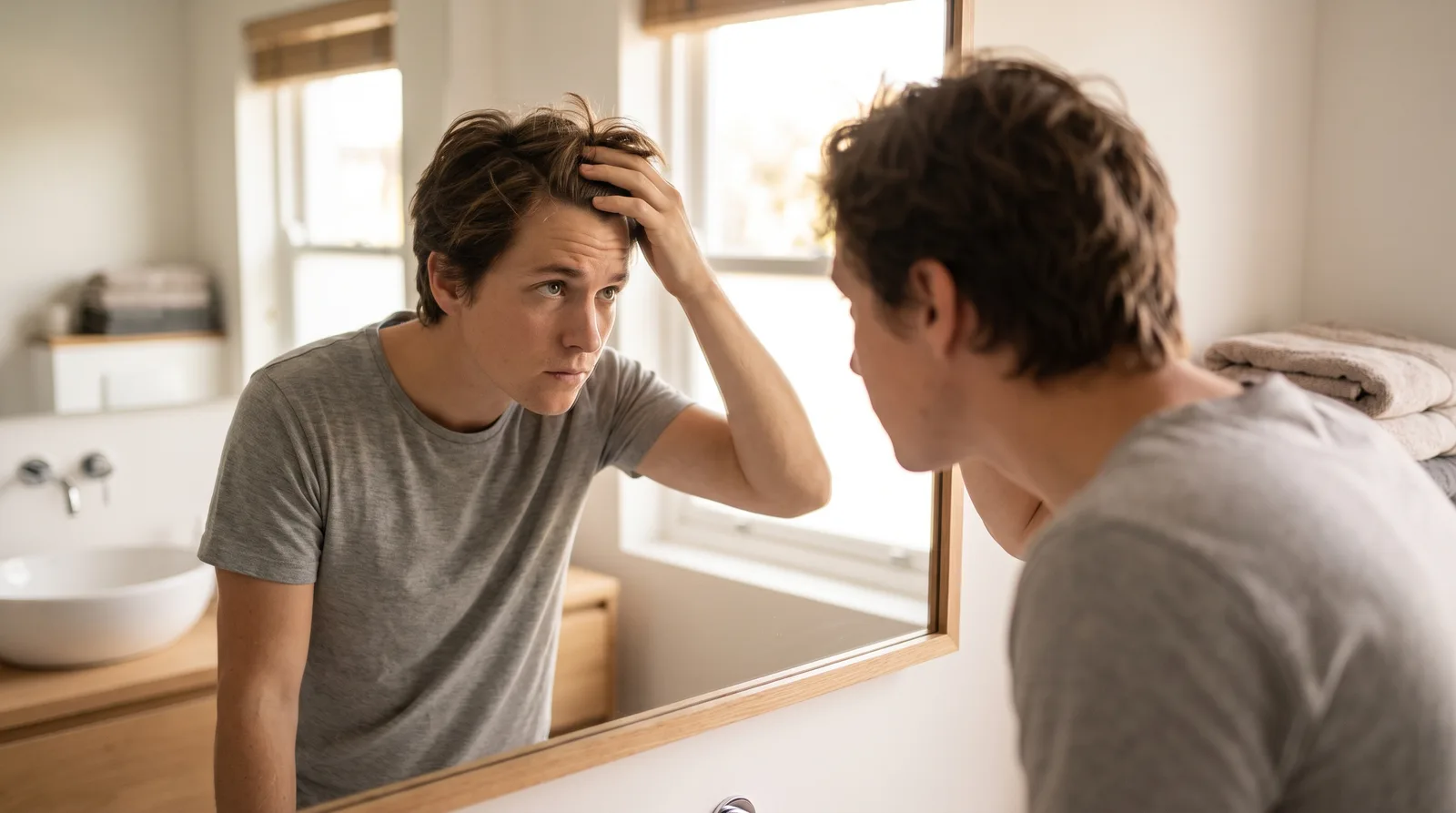 A person examining their hairline closely in a bathroom mirror