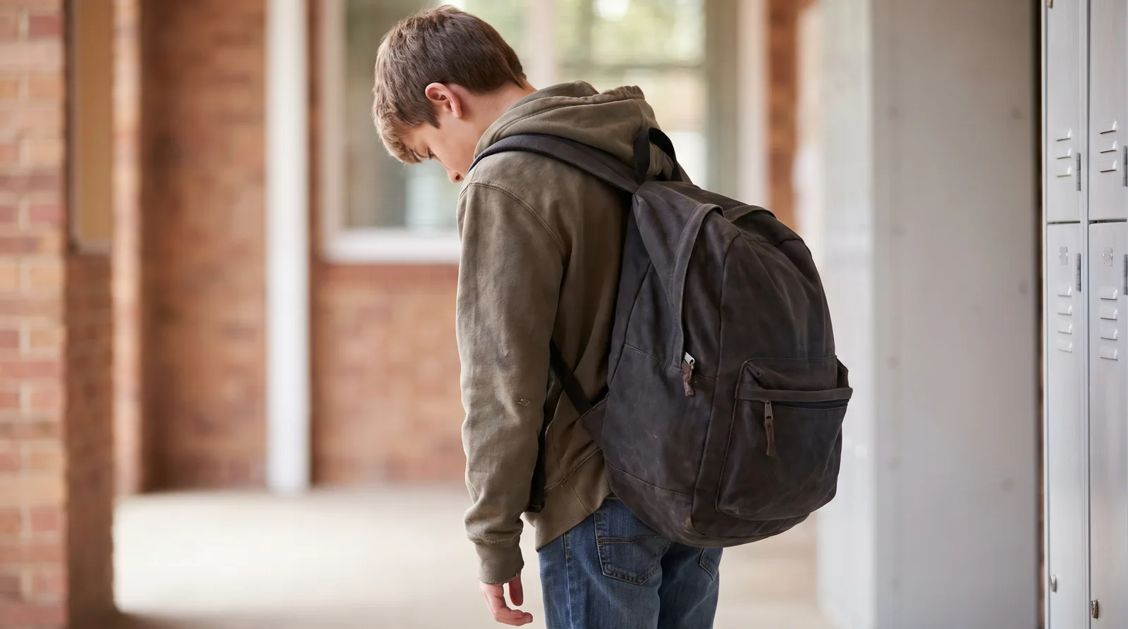 A young student carrying a very full, heavy school backpack