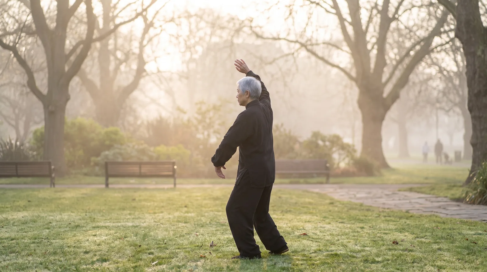 An older Tai Chi practitioner standing tall and perfectly upright in a park at dawn, mid-movement, spine long and centered