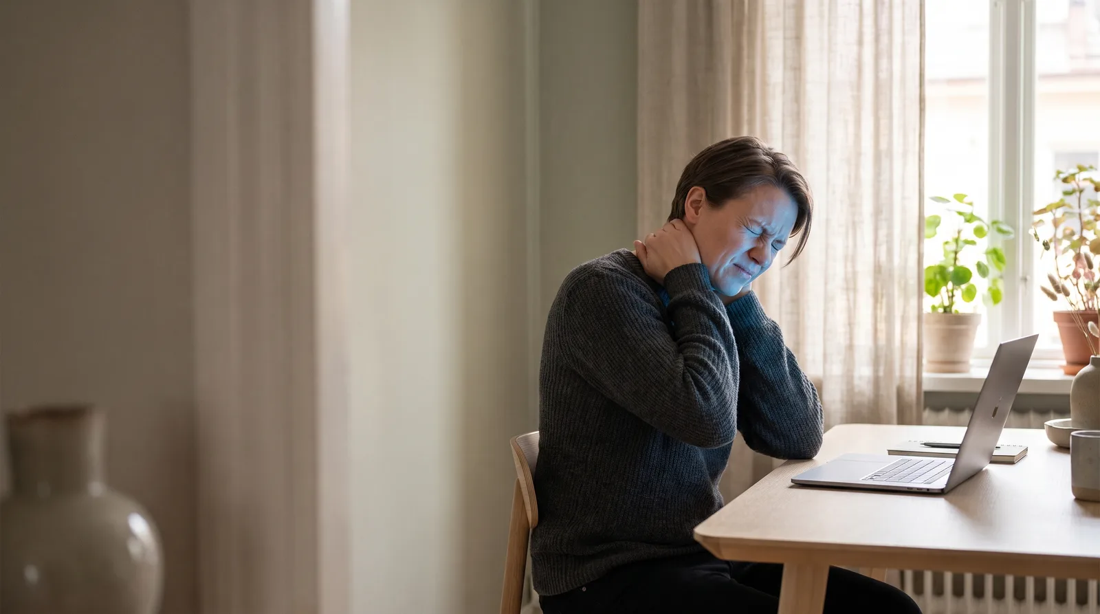 A person pressing the base of their skull and upper neck, eyes closed against a headache