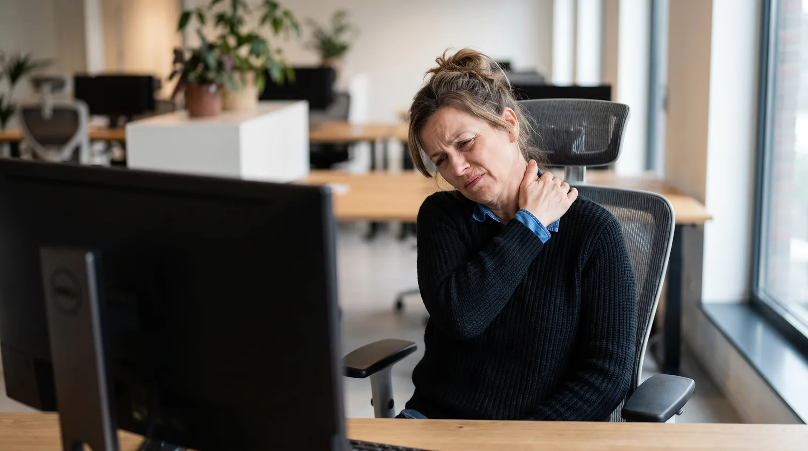 A person at a desk reaching up to rub a sore neck and shoulder