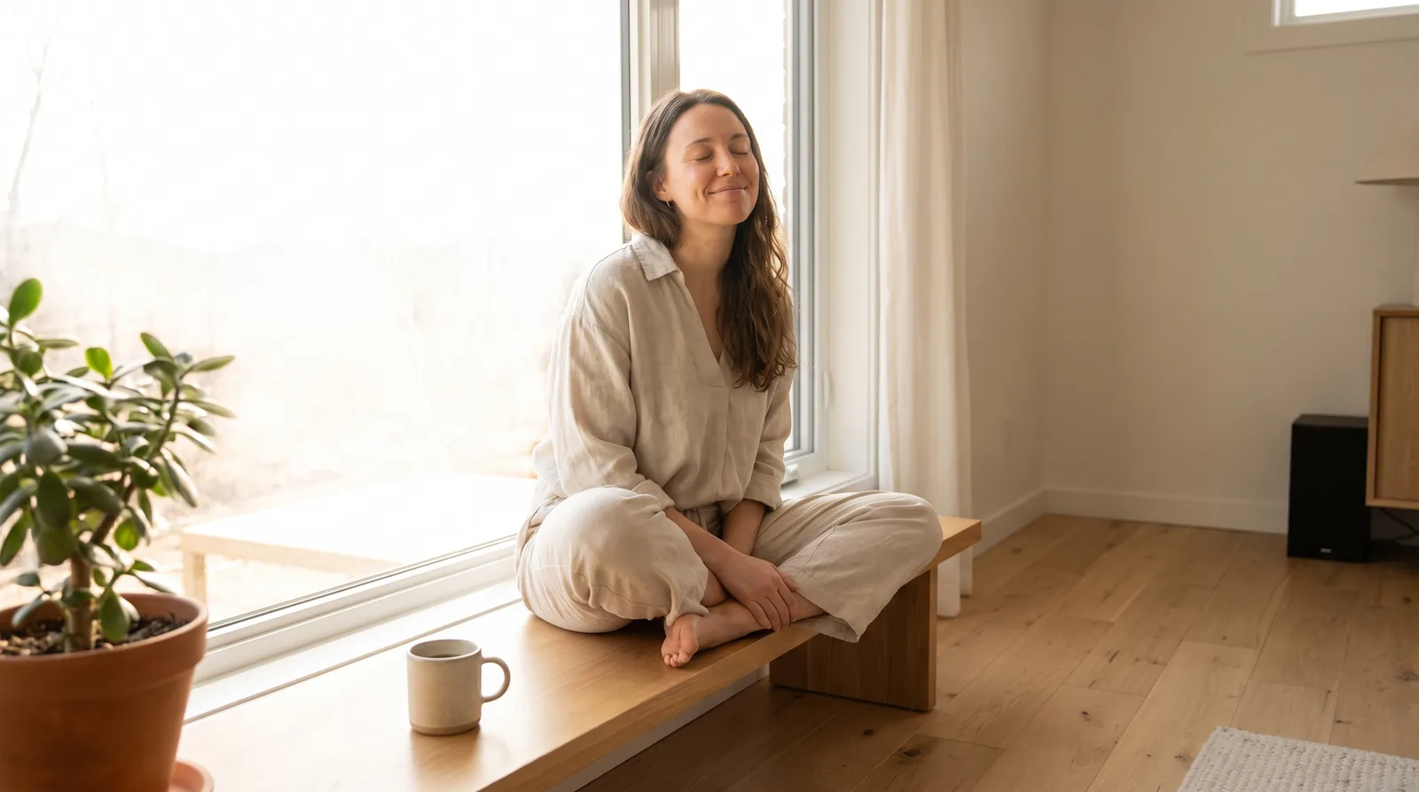 A person by a bright window slowly straightening up from a slumped posture into an upright, open sitting position, morning light on their face