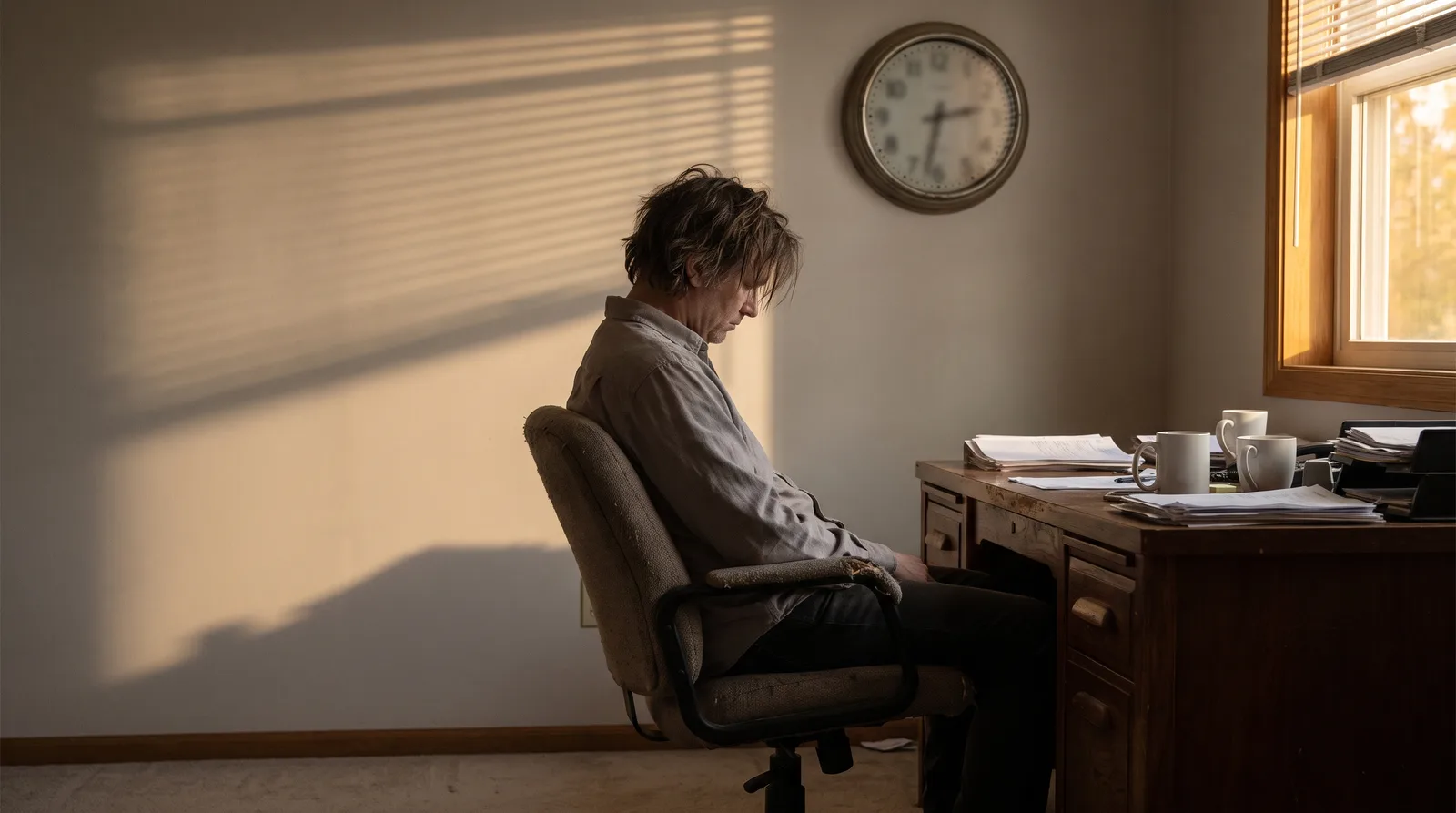 A person who has been sitting at a desk for hours, a clock on the wall marking the long unbroken stretch, warm light and long shadows, no text