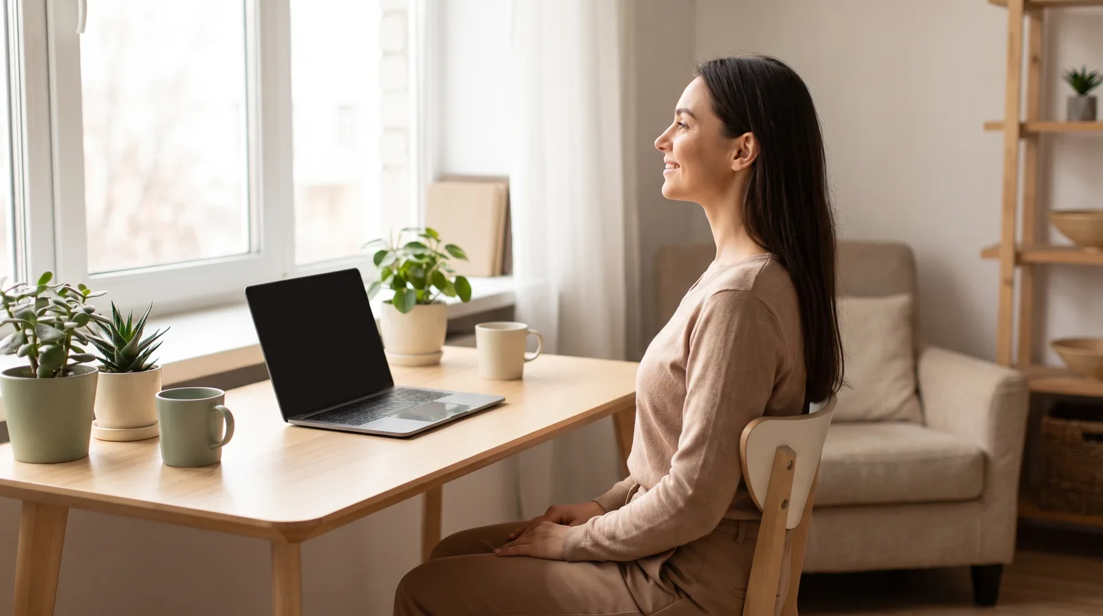 A person sitting tall and relaxed at a bright desk, looking calm and energised