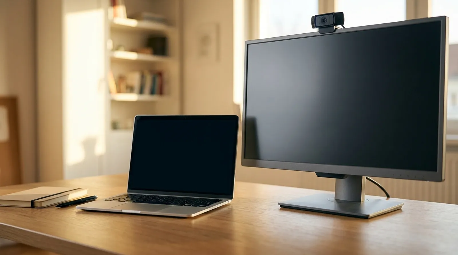 A desk with a silver laptop and a separate monitor side by side, a clip-on webcam on the monitor
