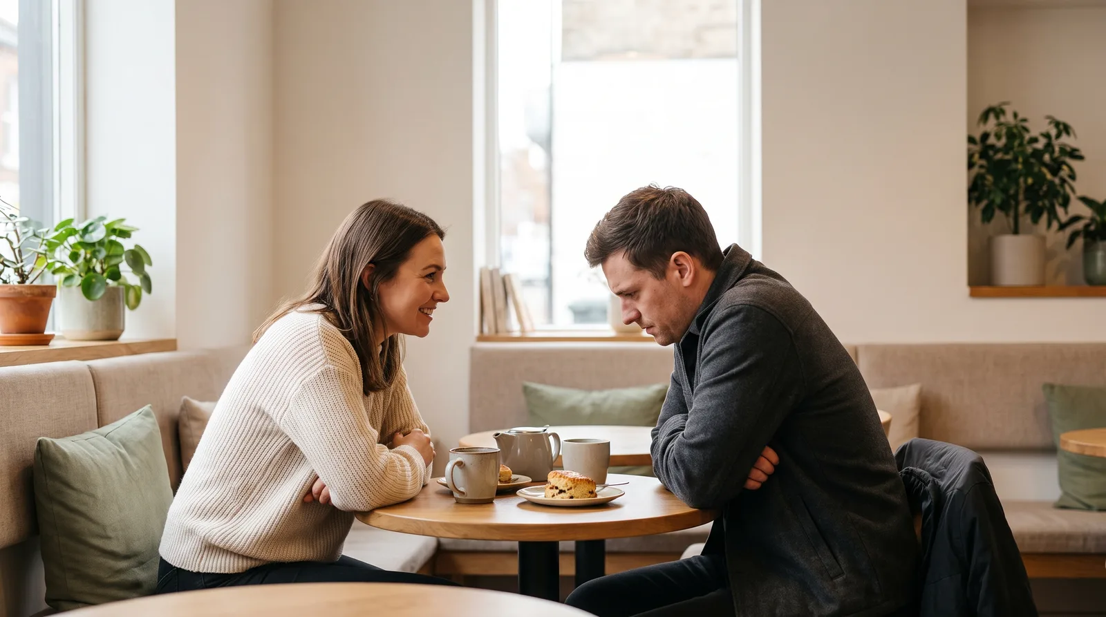 Two people on a first date at a cafe table, one sitting open and upright, the other hunched and closed off