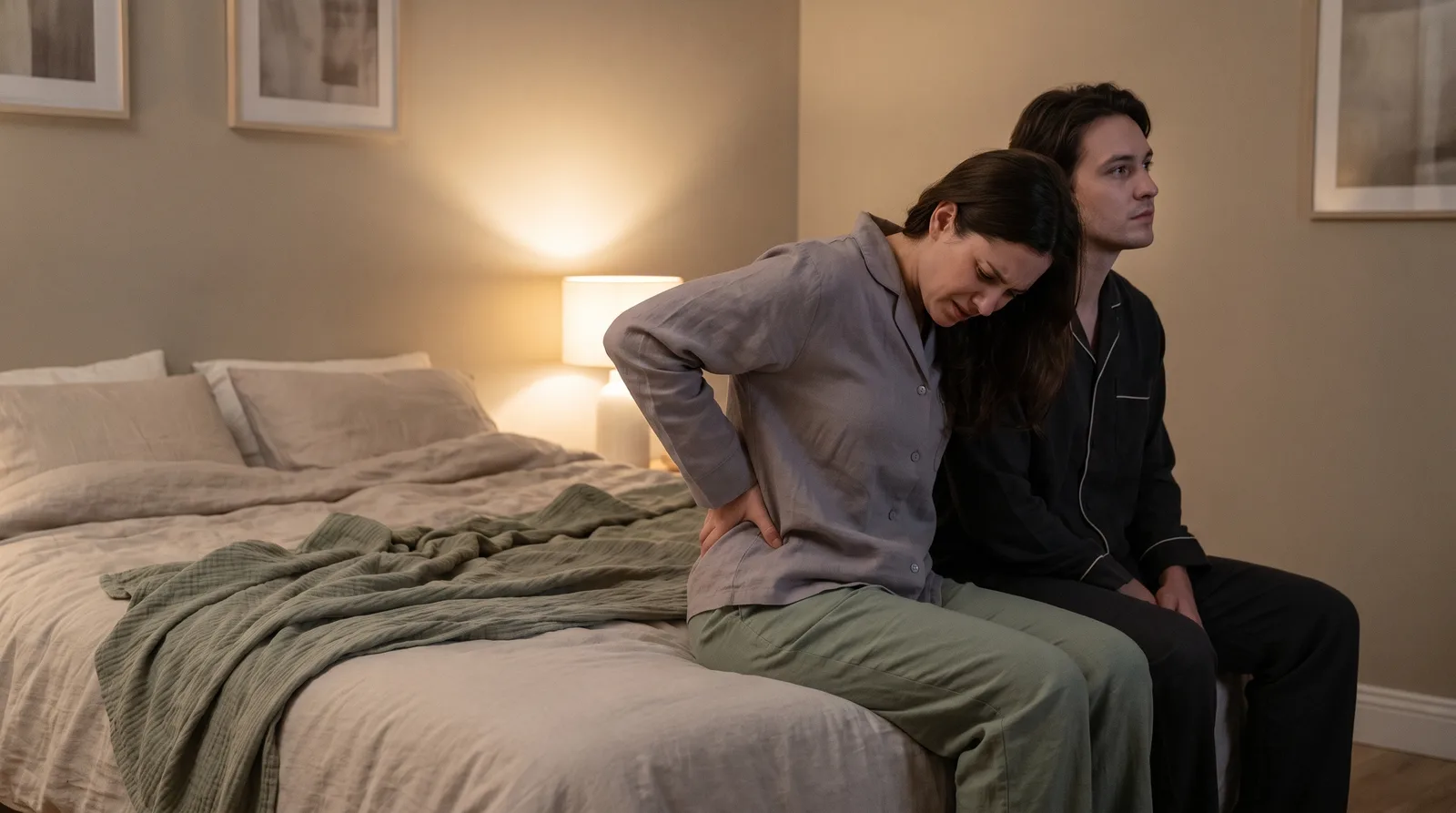 A couple sitting on the edge of a bed at night, turned away from each other, one rubbing an aching lower back