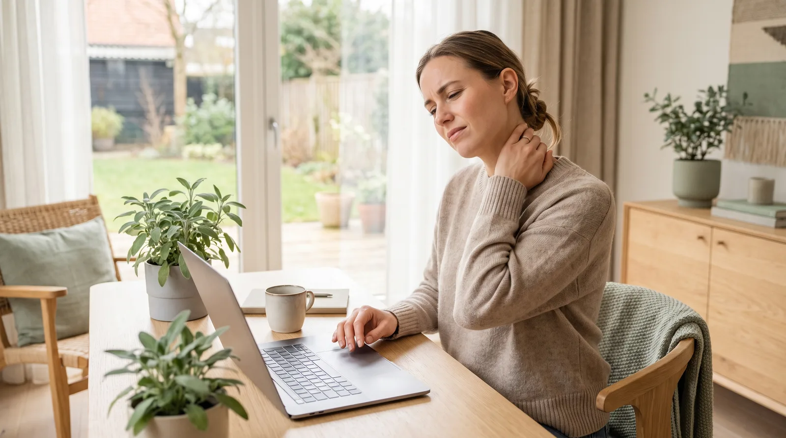 A person at a bright desk rubbing their stiff, aching neck