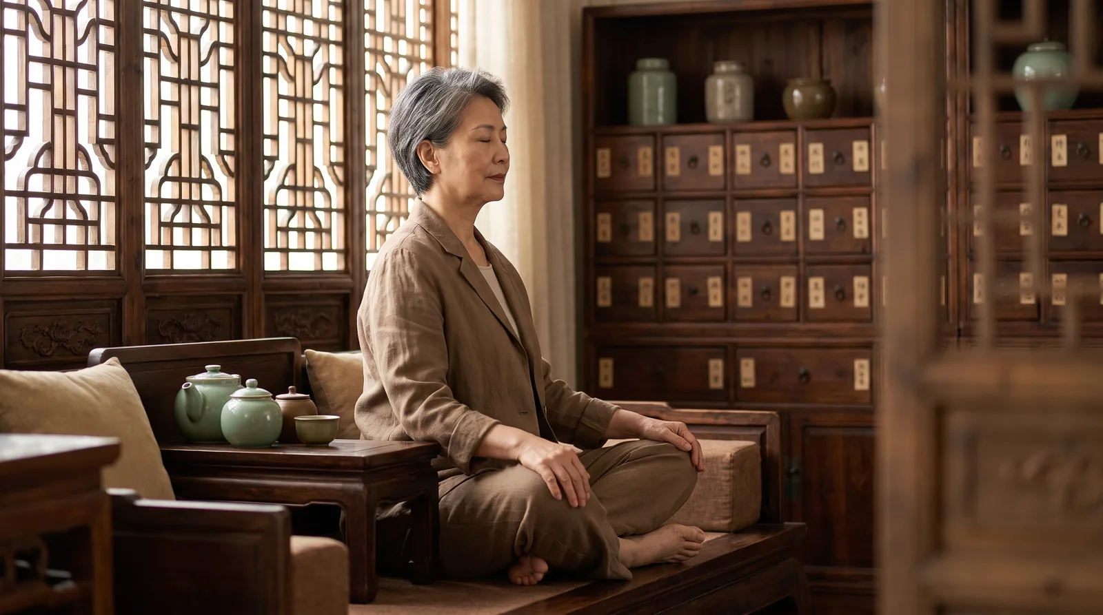 An older person sitting cross-legged and perfectly upright in a sunlit traditional wooden room, spine long and straight, with a few out-of-focus herbal medicine jars nearby