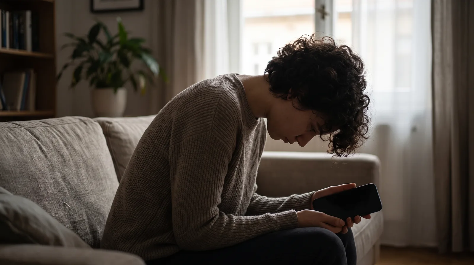 A person slouched low over a smartphone, head dropped far forward