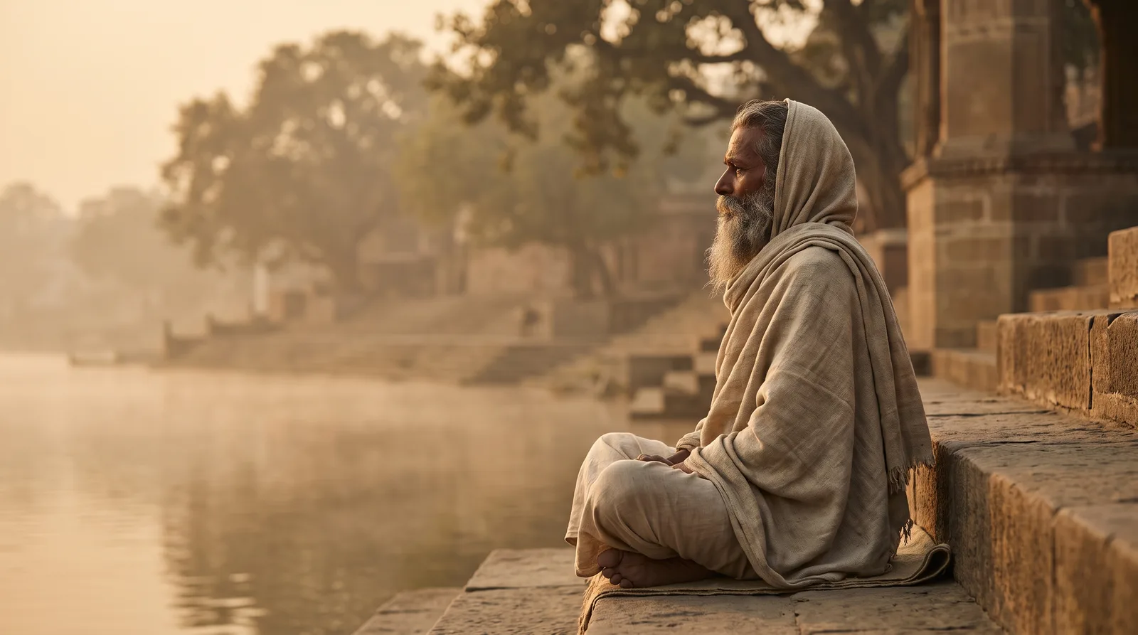 An older sage-like person seated upright in meditation on a riverbank at dawn in an ancient Indian landscape, spine long and erect, mist rising off the water