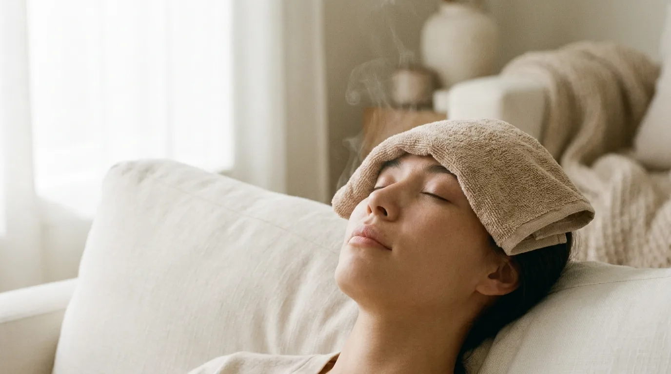 A person resting with a soft warm compress laid gently over closed eyes