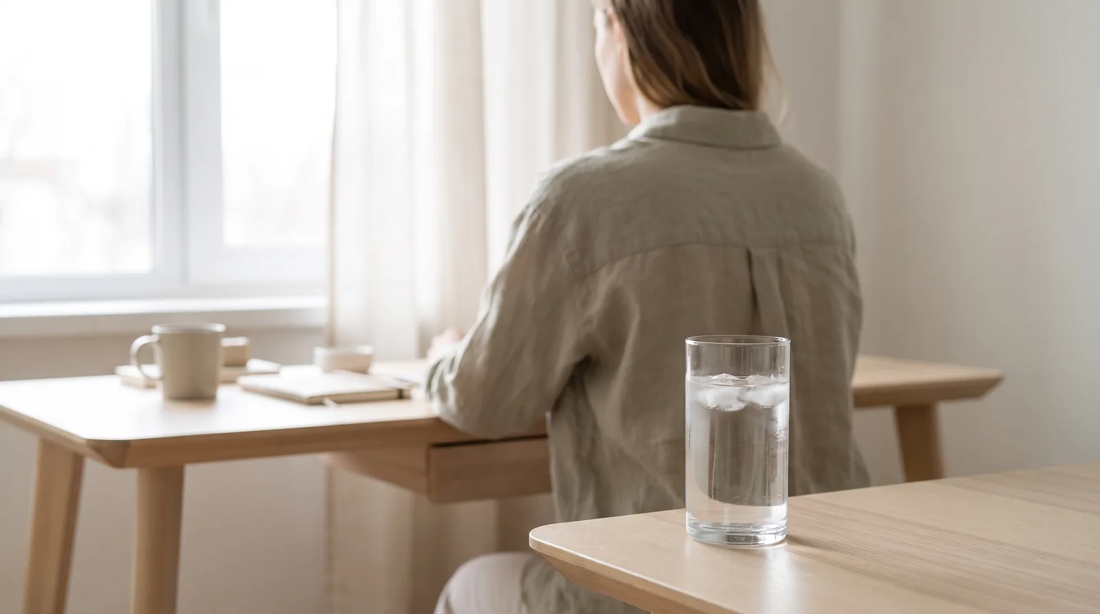 A tall glass of water on a desk beside a person's spine in soft focus, morning light, clean and clinical mood, no text