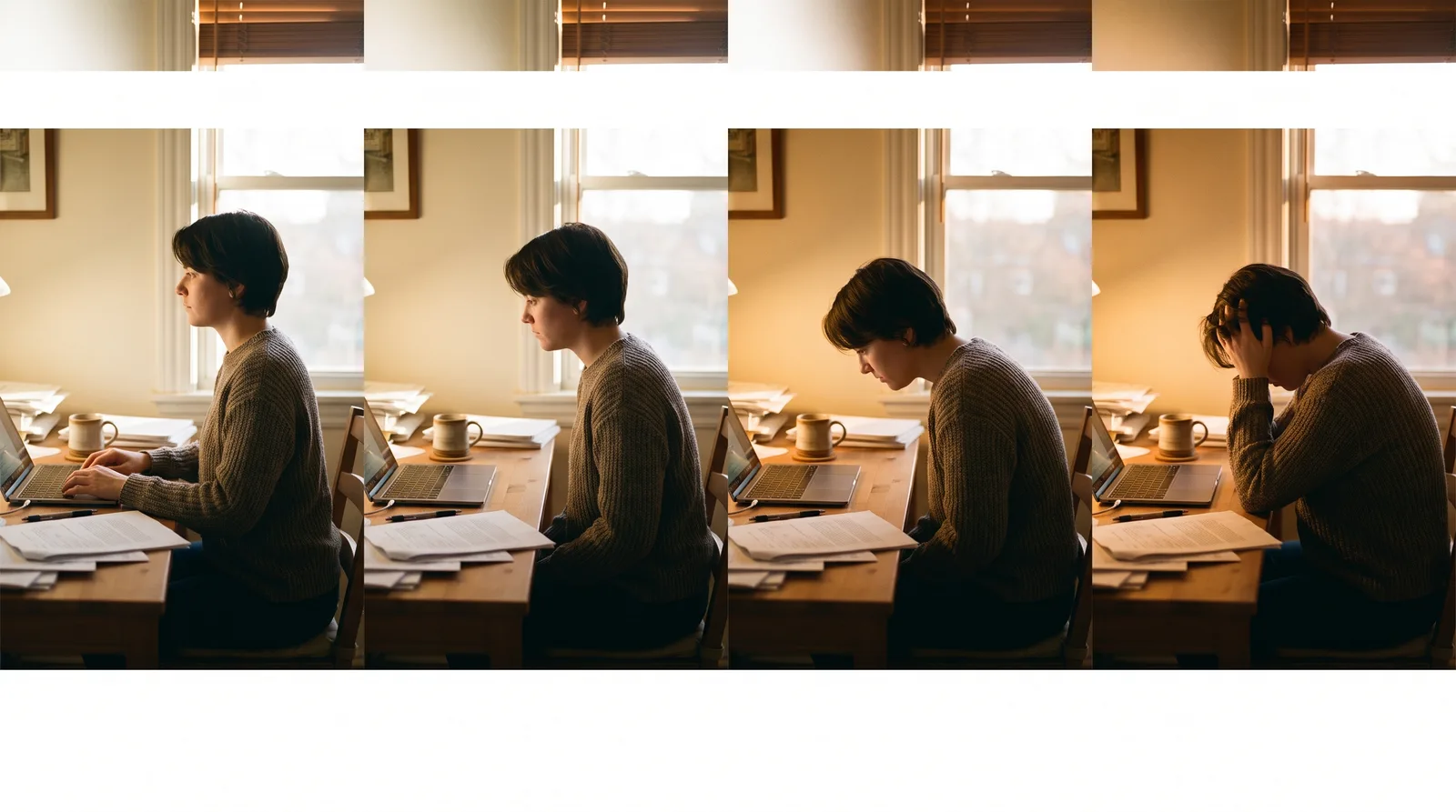 A side-view illustration-style photo of a person at a desk gradually curling forward into a hunch over hours, head drifting ahead of the shoulders