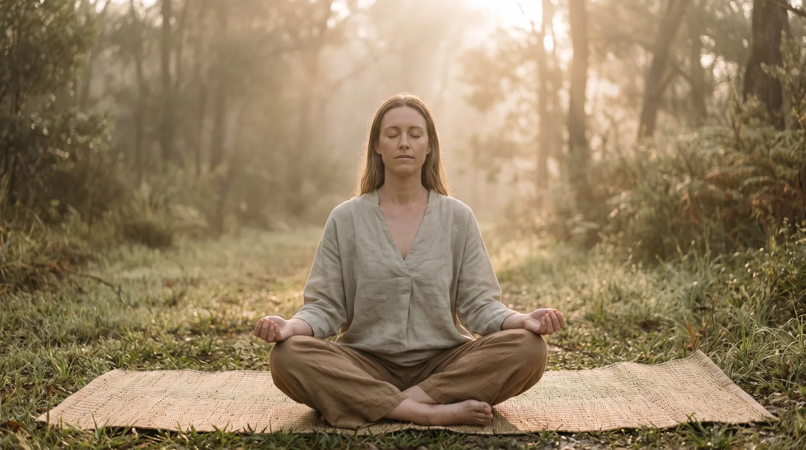 A person seated cross-legged in a calm meditation posture at dawn, spine long and perfectly erect, head balanced and lifted, soft morning light