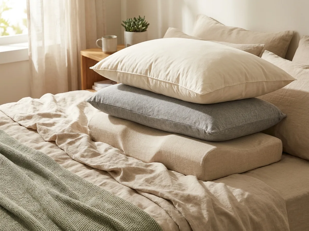 A neat stack of several different pillows (memory foam, a grey one, and a contour cervical pillow) piled together on a bed