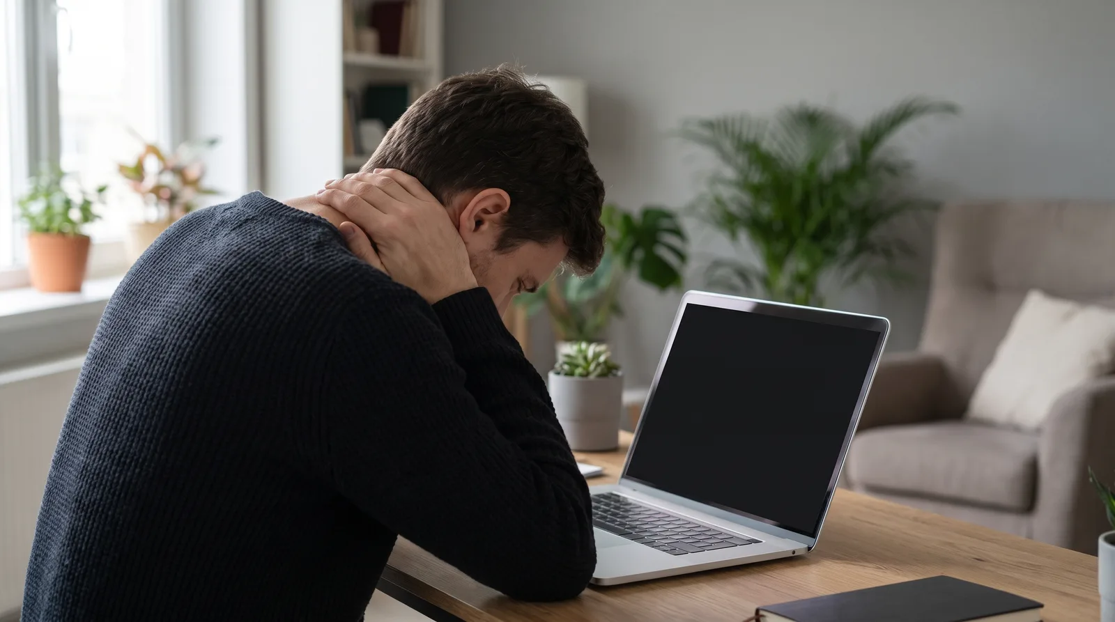 Someone hunched over a laptop, one hand resting on the back of their head