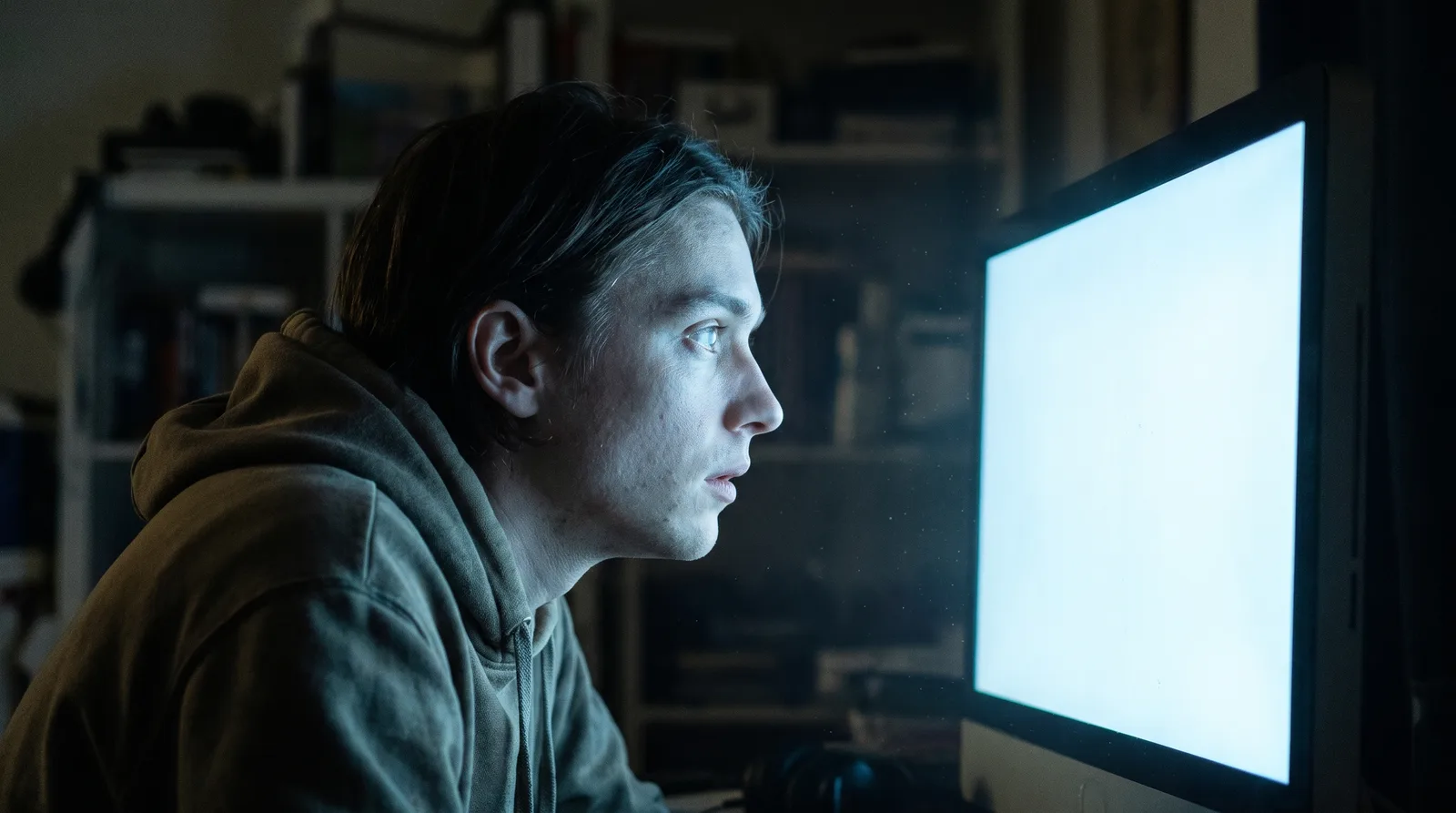A person staring, wide-eyed and unblinking, at a bright monitor in a dim room
