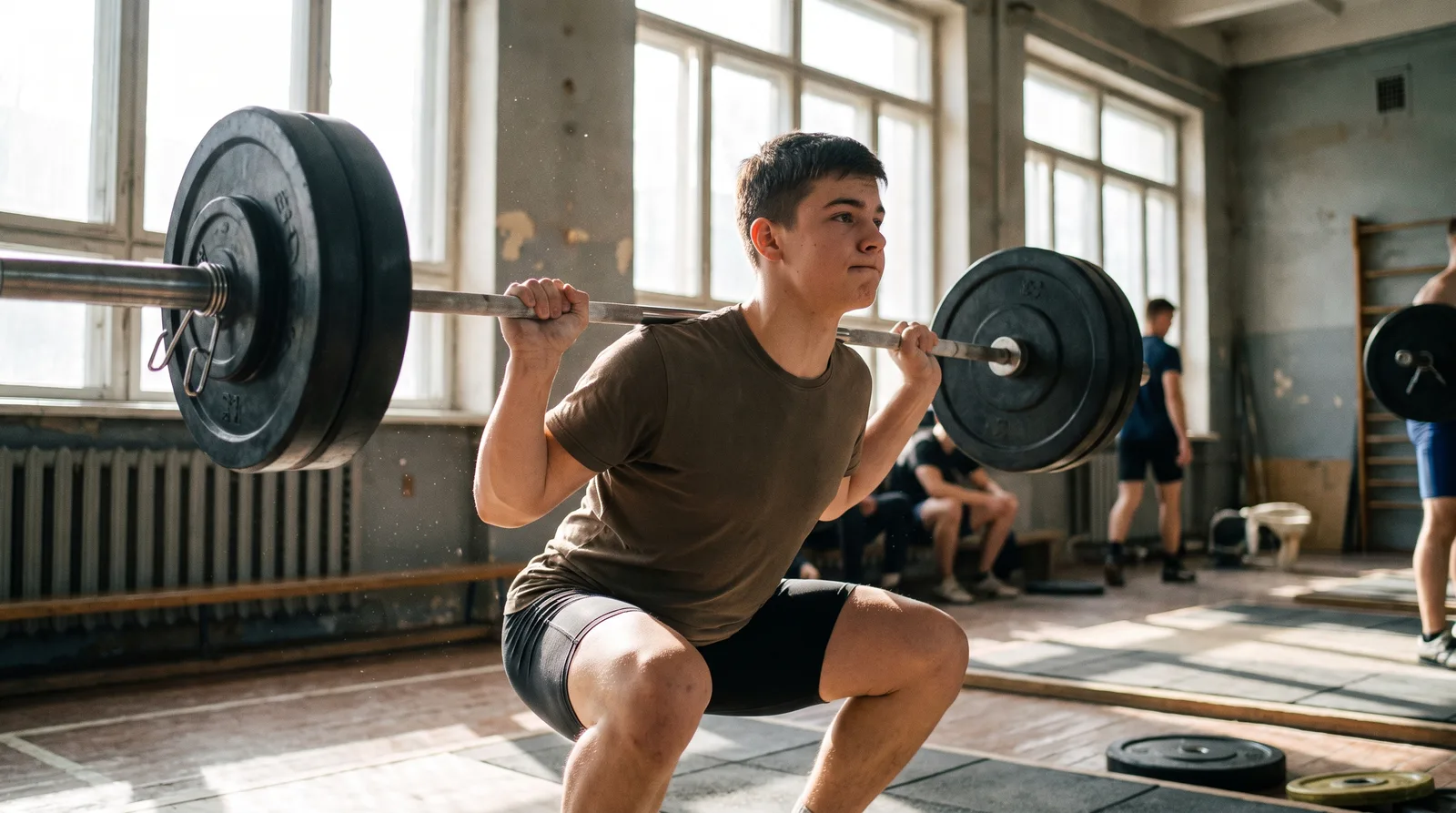 A teenage athlete mid-training, loading their back during sport