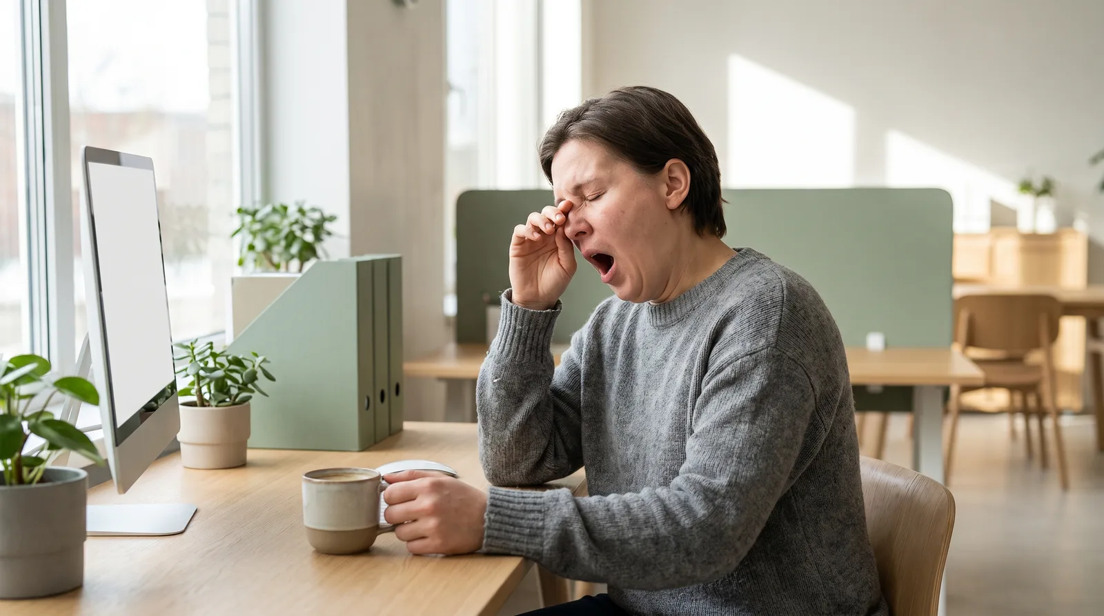 A tired person mid-yawn at their desk, low on energy during the day