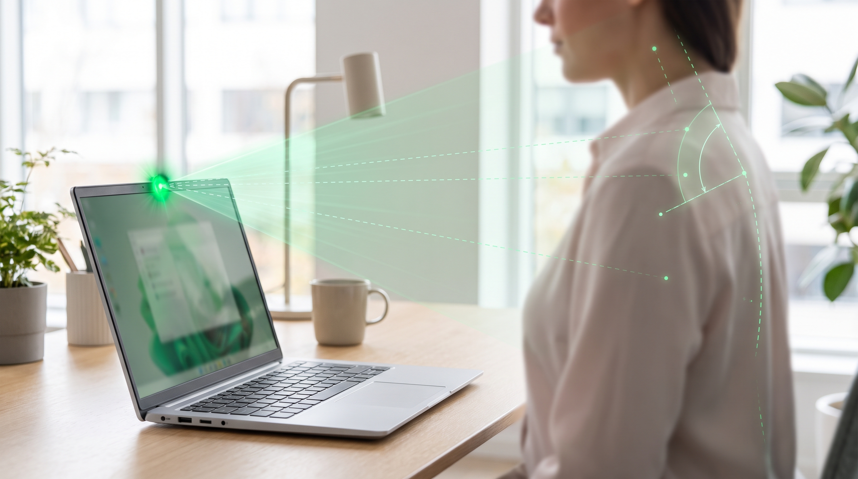 A laptop webcam projecting green scanning lines that map the user's neck and spine posture in real time