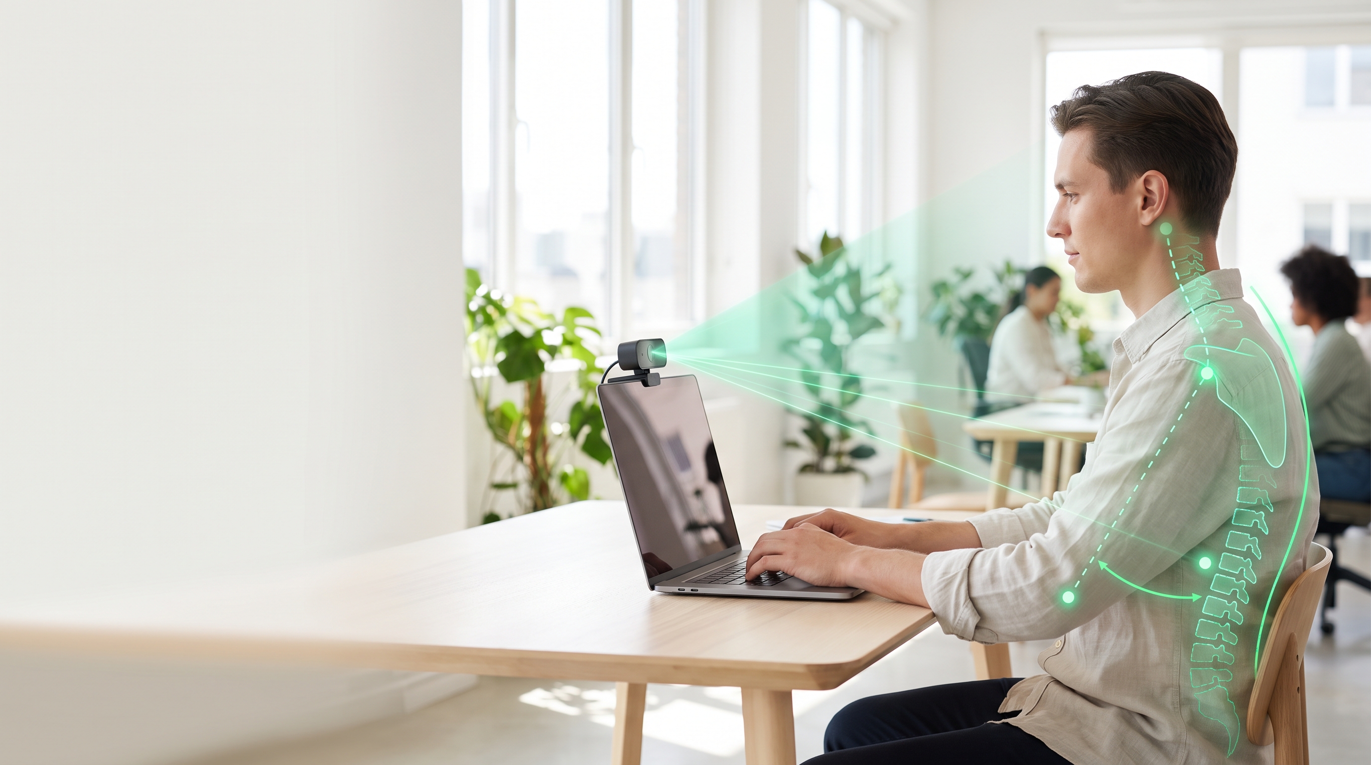 Side view of a person at a desk with a webcam projecting green scanning light and dashed lines tracing their spine angle