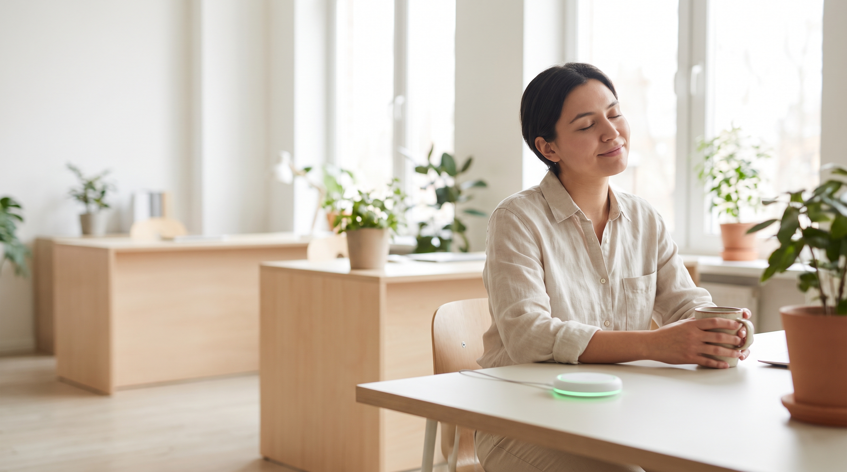 A person resting their eyes at a bright desk, relieved from dry-eye strain