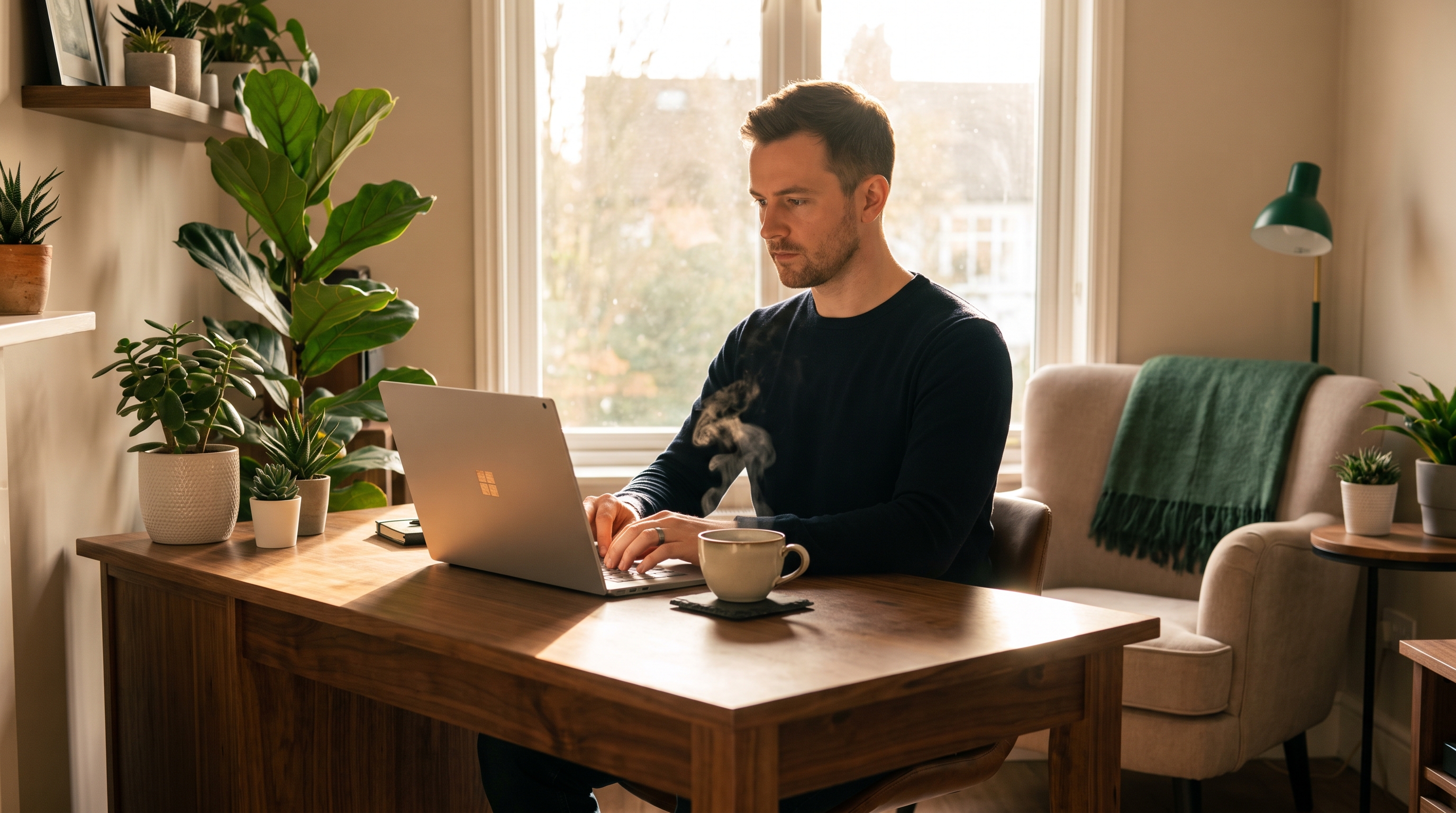 A focused professional working on a Windows laptop with great posture