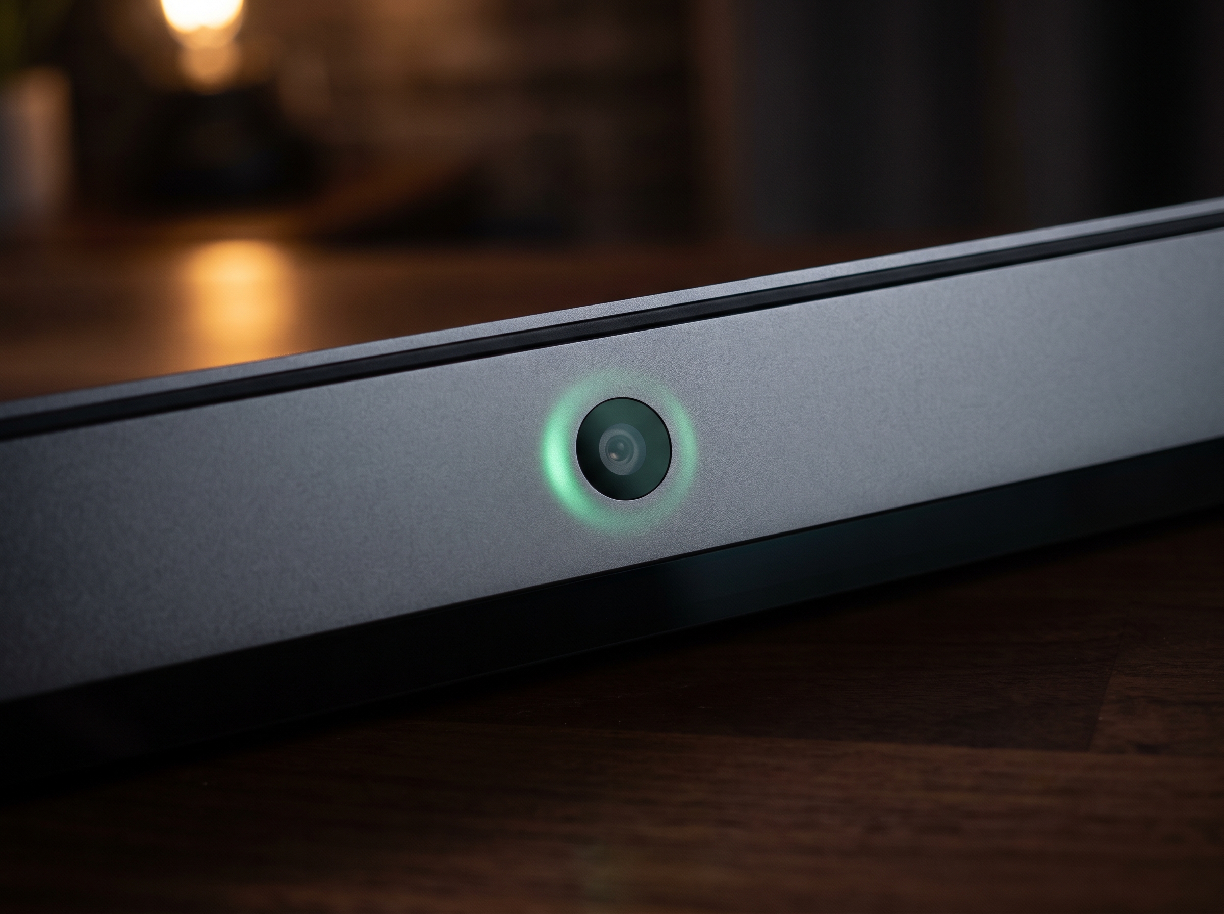 A laptop webcam glowing green, symbolising on-device privacy