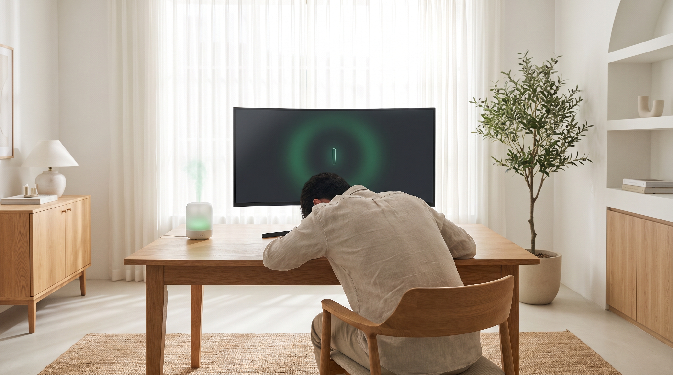 A bright home office where the monitor gently dims because the person is slouching